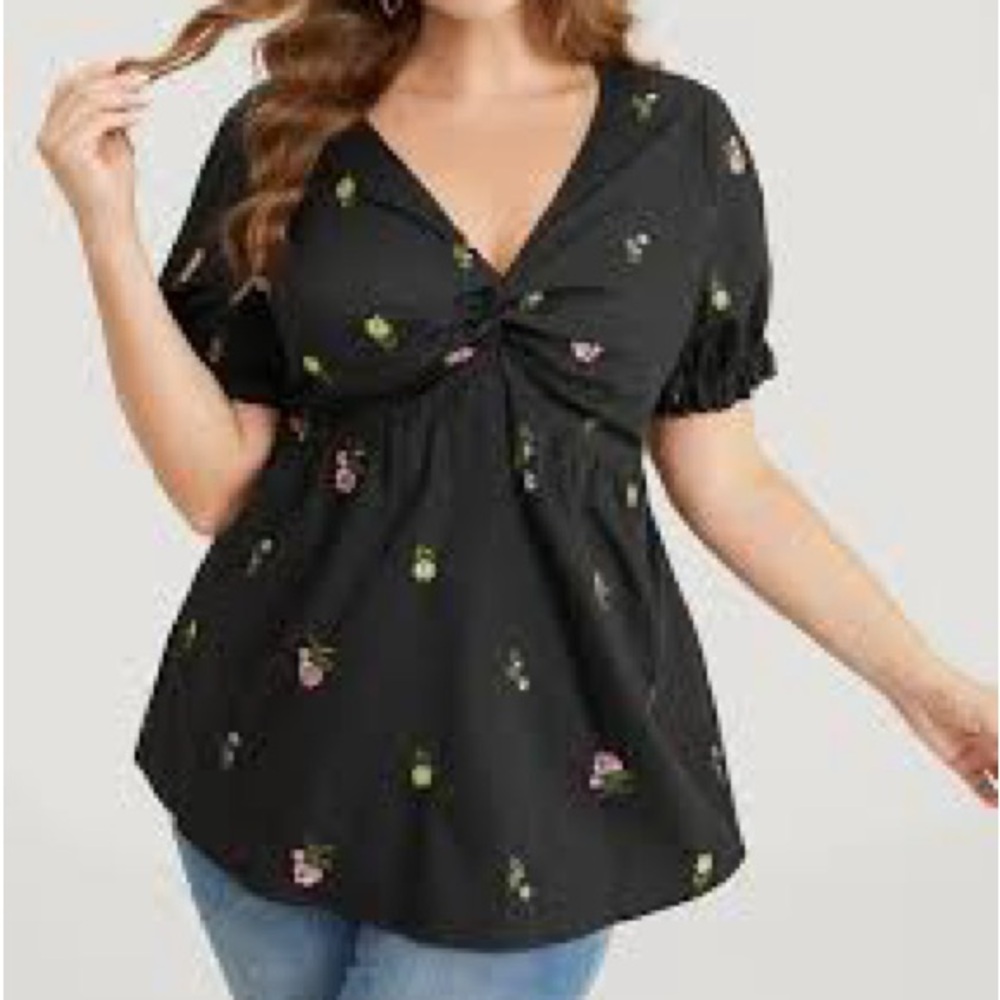 Bloomchic Floral Embroidered Ruched Puff Sleeve Blouse Top BLACK PINK size 22-24
